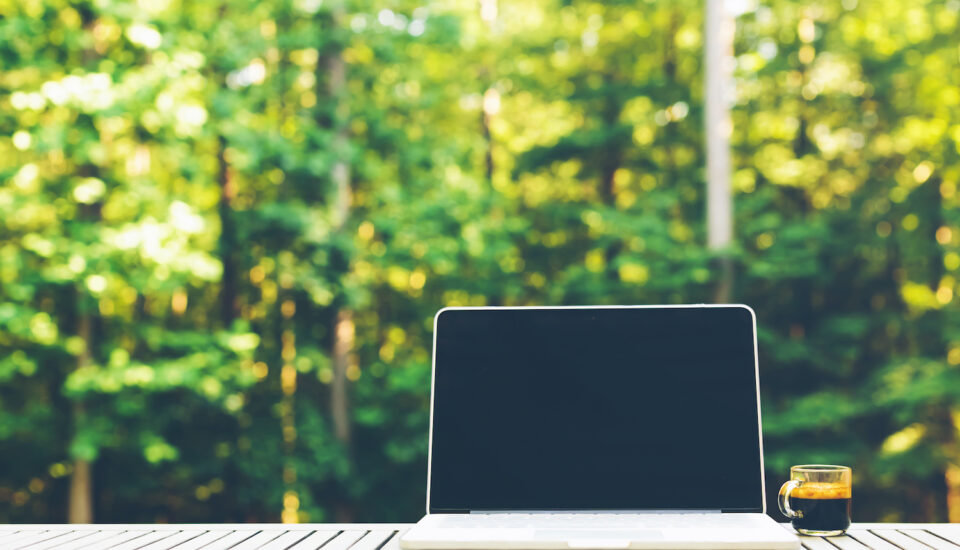 Laptop computer outside with a forest background.